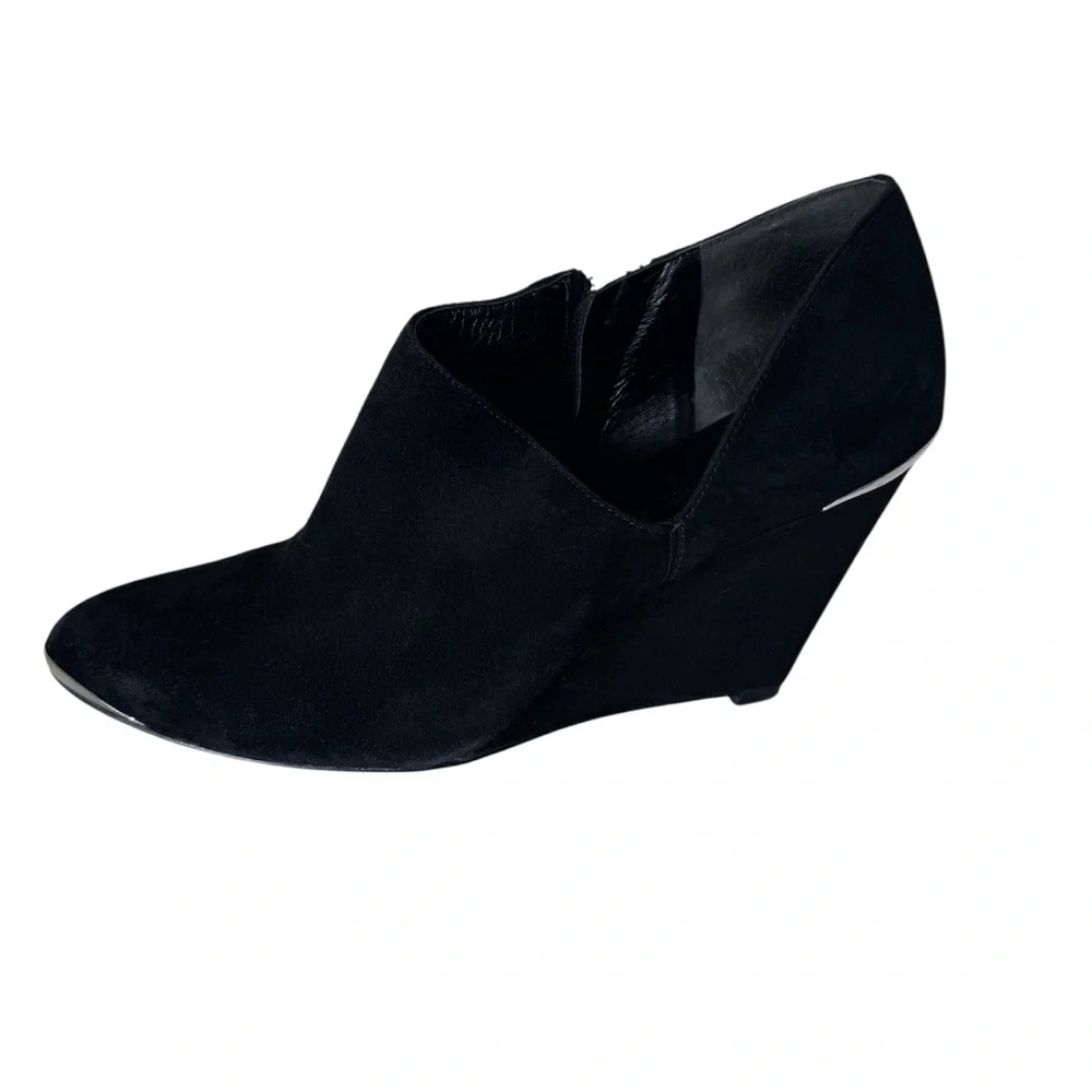 Audrey Brooke Black Suede Silver Tip Wedge Ankle Booties